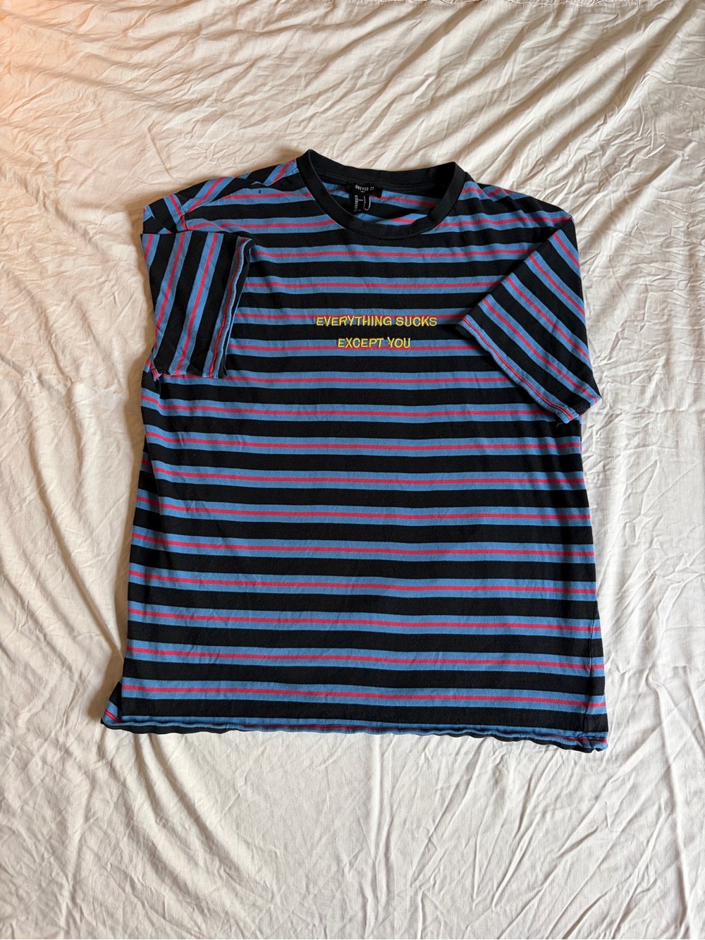 Forever 21 Black, Blue & Pink Striped Short Sleeve Tee - Embroidered Slogan